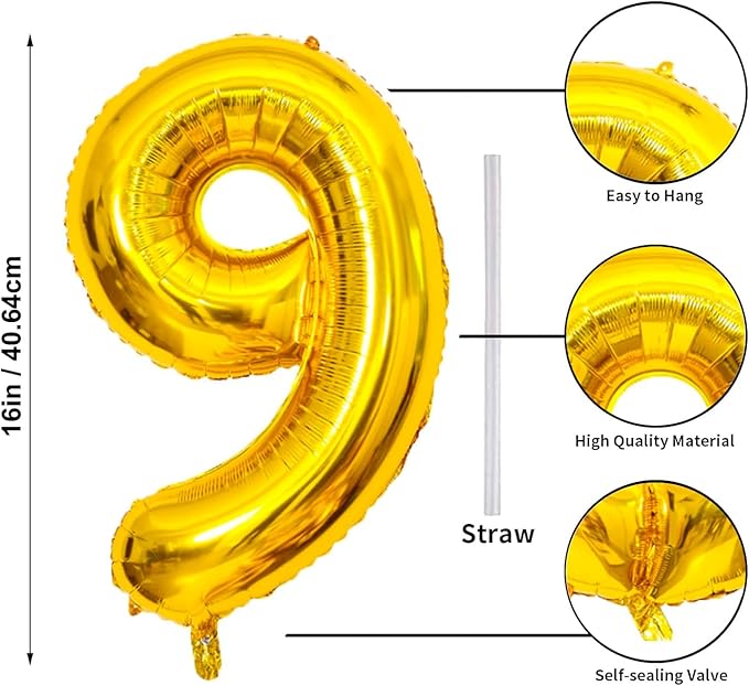 16 In Gold Large Numbers Balloons 0-9, Self Inflating Number 9 Balloons for Boys Girls, Big Gold Digit 9 Balloons for Women Men Birthday Party Anniversary Wedding Supplies Decorations