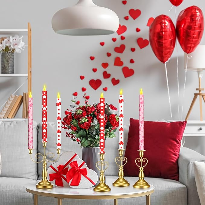 Honoson 6 Pcs Valentine Day Flameless Taper Candles 10.6 Inch Heart Shaped Candles Battery Operated LED Candlesticks for Valentine Wedding Anniversary Dinner Table Home Party Decor
