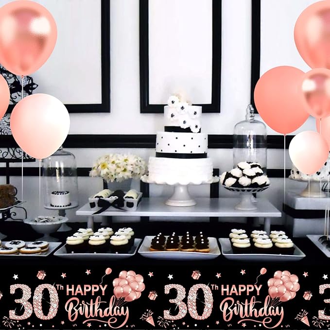 3 Pack Rose Gold Happy Thirty Table Cover - 30th Birthday Party Supplies, Plastic Disposable Rectangular Table Cloth Decor