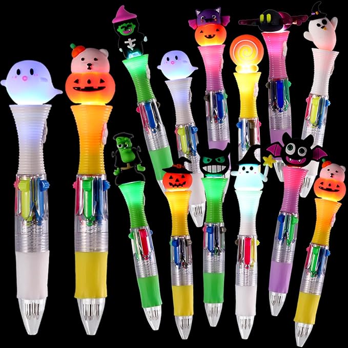 12PCS Halloween Pens,Multicolor Ballpoint Pens with Lights 4 Colors in 1 Halloween Retractable 0.7mm Multicolor Glow Writing Stationery for Holiday Party School Supplies Students Rewards