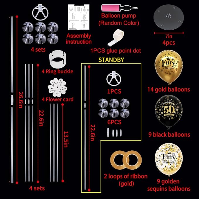 TONIFUL 4 Set Black Gold Balloon Stand Kit for Birthday Decorations for 50th,Balloon Centerpieces for Table Party Decorations Cheers to 50 Years Old Birthday for Men and Women