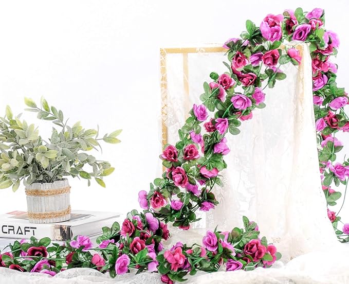 Miracliy 9Pcs 74FT Purple Flower Garland Artificial Rose Arch Vines Fake Spring Floral Garland for Flower Wall Backdrop Wedding Mothers Day Garden Tea Party Decoration
