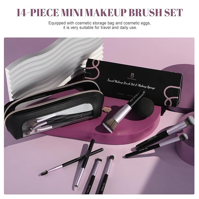 BS-MALL 14 Pcs Makeup Brushes Set with 1 Pcs Makeup Sponge – Essential Foundation Powder Concealers, Eye Shadows, Blush Makeup Brushes with Travel Makeup Case (Purple)