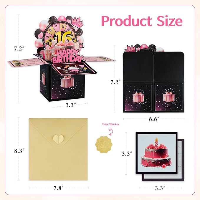 FaCraft Pop Up 16th Birthday Card - Handmade Happy Birthday Pop Up Greeting Cards Gift with Envelope and Blank Insert, Spinning Wheel Design, 16 Year Old Teens, Girls, Daughter