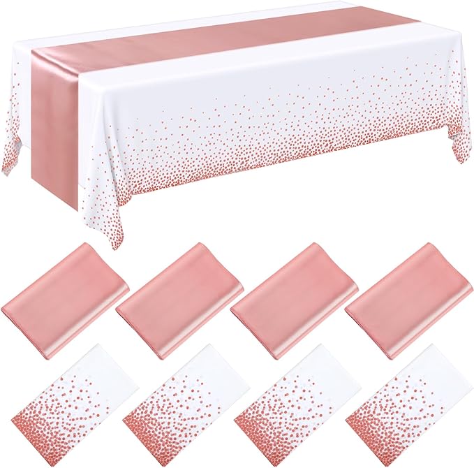 Breling 8 Pack White and Rose Gold Disposable Plastic Tablecloths and Satin Table Runner Set, 54 x 108 Inch Tablecloth, 12 x 108 Inch Table Runners for Wedding Graduation Birthday Baby Shower New Year