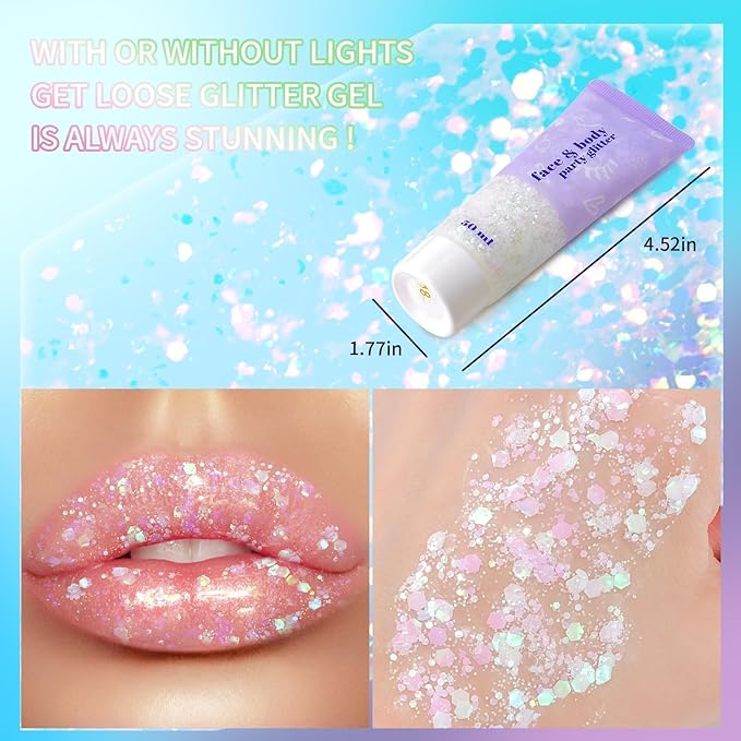 DAGEDA Iridescent Body Glitter Gel, Holographic Face Glitter Body Gel Rave Party Accessories, Chunky Glitters for Face Hair Nails, Cosmetic Laser Powder Festival Sequins Paint Makeup