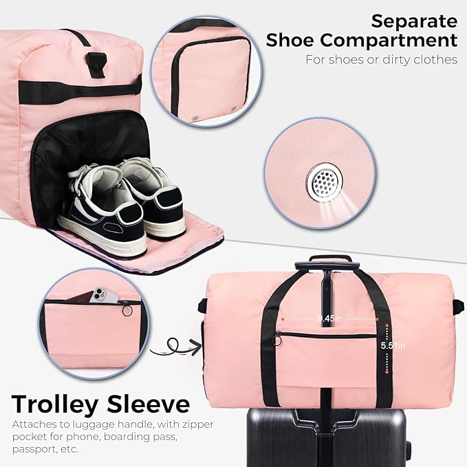 Fmeida 65L Duffle Bag with Shoes Compartment, Foldable Travel Duffel Bags for Men Women, Large Packable Travel Bag Water Repellent & Tear Resistant (Light Pink)