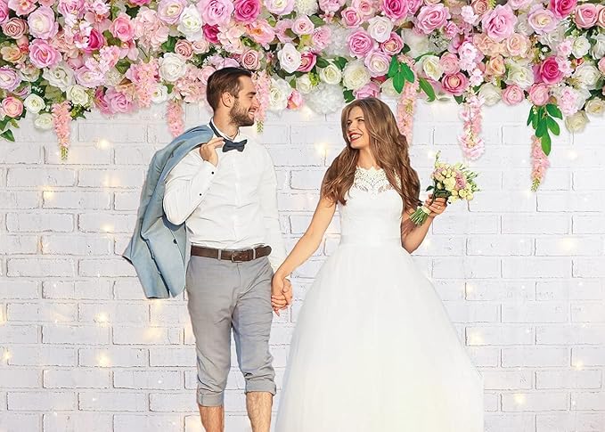 Flower Wall Backdrop Glitter White Brick Wall Mother's Day Flowers Photography Background Mother's Day Wedding Bridal Baby Shower Birthday Party Spring Theme Decor Photo Booth Props (7x5FT)