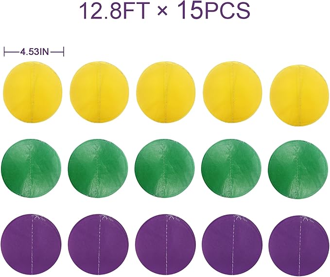 205 Ft Mardi Gras Party Decorations Purple Green Yellow Circle Dot Backdrop Garland Tissue Paper Polka Dots Hanging Streamer for Mardi Gras Birthday Wedding Baby Shower Masquerade Party Supplies