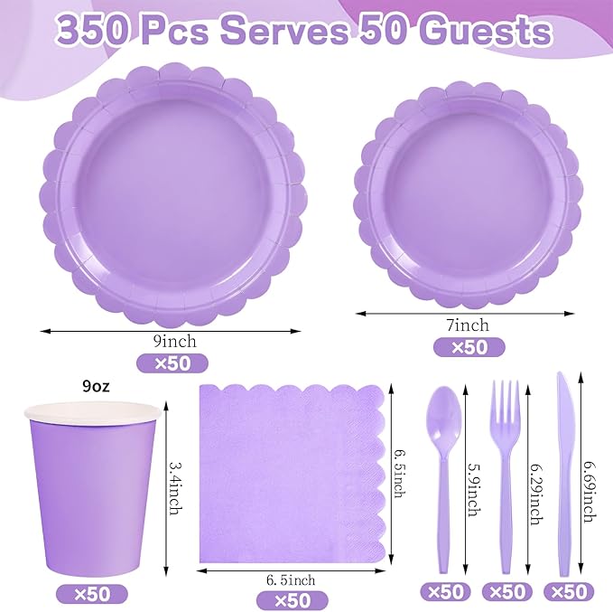 350 Pcs Lavender Paper Plates and Napkins, Easter Plates Light Purple Party Supplies Include Light Purple Scalloped Plate Napkins Cups Plastic Spoon Fork Knive for Baby Shower, Wedding, Birthday