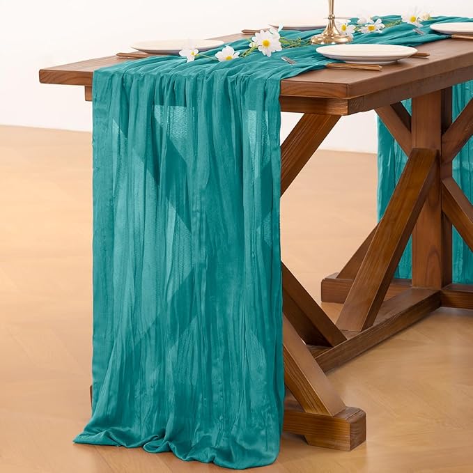 Socomi 3pcs Teal Blue Spring Cheesecloth Table Runner Boho Rustic Gauze 120 inch 10FT Cheese Cloth Runner for Wedding Party Baby Shower Birthday Home Decor