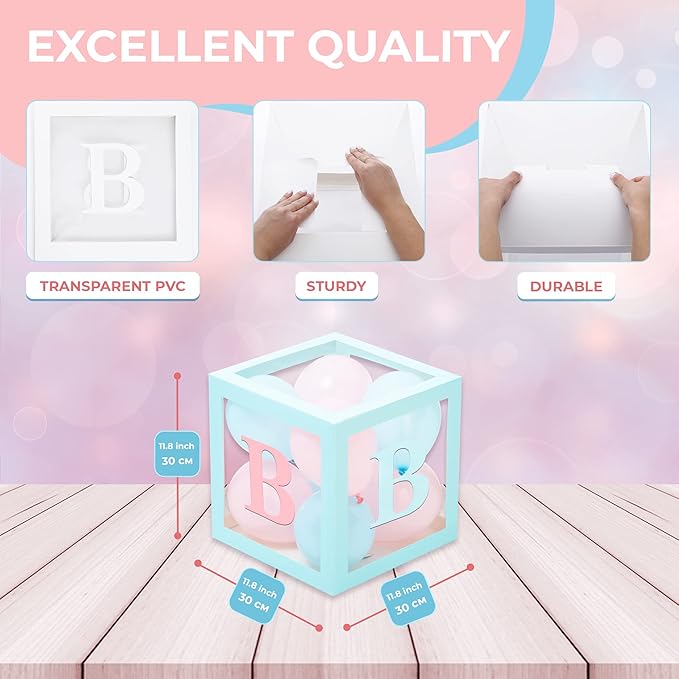 Baby Shower Boxes with Letters – Pink And Blue Boxes with Pink & Blue Balloons – 44-Piece Gender Reveal & Party Decoration Set by Vellax