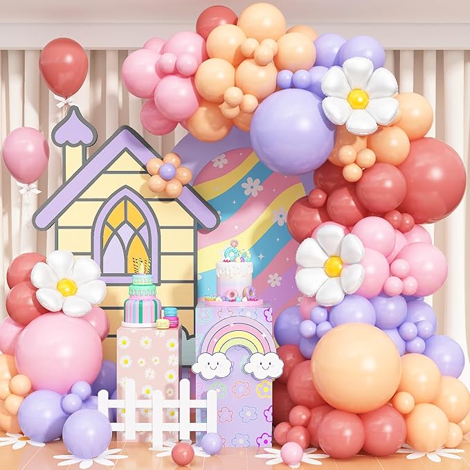 149Pcs Daisy Balloon Garland Arch Kit, Pastel Pink Purple Orange Matte Dusty Pink Boho Groovy Daisy Flower Latex Balloon Garland for Girls Women Bridal Baby Shower Wedding Birthday Party Decorations