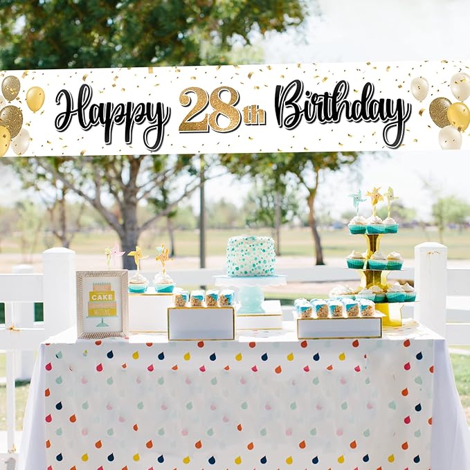 Happy 28th Birthday Decorations,28th Gold Balloon Large Birthday Hanging Banner Sign,28 Years Old Bday Party Supplies.