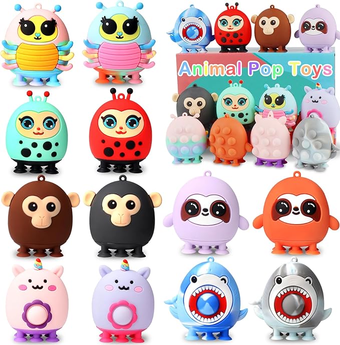 12 PCS Animal Suction Pop Fidget Toys, 3D Silicone Suction Toys for Kids, Fidgets Party Favors, Goodie Bags Stuffers, Pinata Stuffers, Carnival Prizes, Bulk Kids Prizes