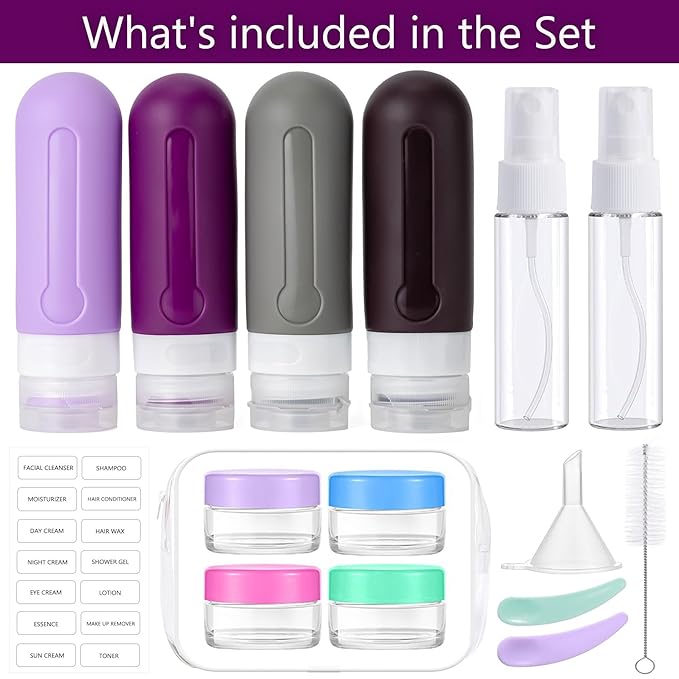 16pack Travel Bottles for Toiletries, TSA Approved LeakProof Squeezable Silicone Toiletry Containers for Shampoo, Conditioner, 3oz Portable Refillable Traveling Size Liquid Containers (16Pcs/Purple）