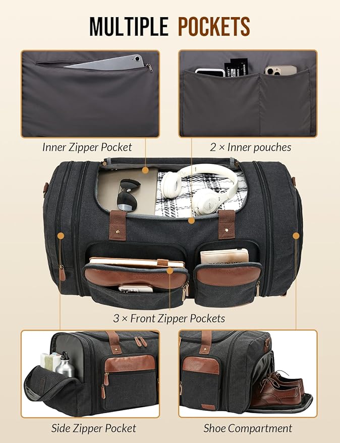 Canvas Duffle Bag for Travel 50L Expandable Travel Duffel Bags for Men Women Overnight Weekend Gym Bag with Shoes Compartment - Dark Grey
