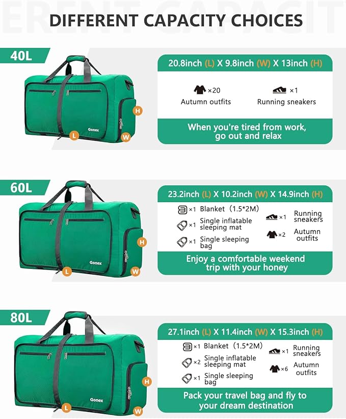 Gonex 40L 60L 80L 100L 150L Large Foldable Travel Duffle Bag with Shoes Compartment, Packable Lightweight Water Repellent Duffel Bag for Camping Gym Weekender Bag