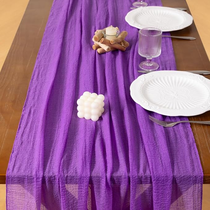 Socomi 3pcs Purple Easter Spring Cheesecloth Table Runner Gauze 120 Inch Rustic Boho Cheese Cloth Runner for Wedding Party Baby Bridal Shower Centerpiece Decoration Holiday Home Decorations