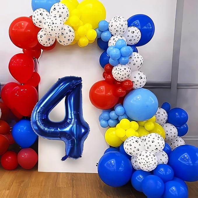 4th Birthday Decorations Boy, Dog Paw Fourth Birthday Balloons Arch with Red Blue Yellow Latex Balloons and Long Balloon Number 4 and Star Foil Balloon for Paw Party Supplies