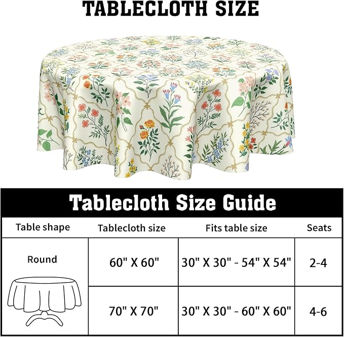 Spring Floral Round Tablecloth Wildflower Circle Table Cloth 60 Inch Beige Vintage Rustic Farmhouse Table Cover Washable Polyester Indoor for Home Kitchen Dinning Party Decor