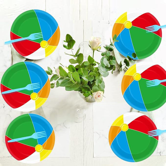 Wiooffen 48pcs Beach Ball Party Paper Plates Supplies 7" Summer Pool Ball Party Tableware Beach Birthday Party Favors Baby Showers Holidays Decorations