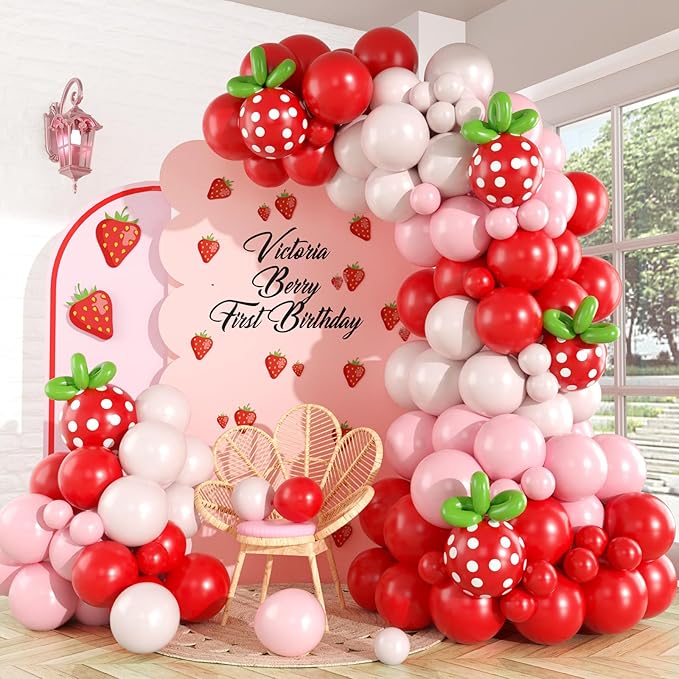 Strawberry Balloon Arch Garland Kit, Red and Hot Pink Balloons with Strawberry Printed and Green Long Latex Balloons for Girls Sweet One Berry First Birthday Baby Shower Princess Decoration Supplies