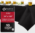 PARTY BARGAINS Disposable Table Covers, 54 x 108 Inch, Black, 3-Ply Paper & Plastic Spill-Resistant Party Tablecloths, 10 Pack