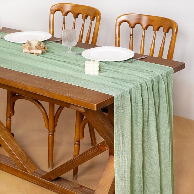 Socomi 3pcs Sage Green Cheesecloth Table Runner Gauze Easter Spring 120 Inch Rustic Boho Cheese Cloth Runner for Wedding Party Baby Bridal Shower Centerpiece Decoration Holiday Home Decorations