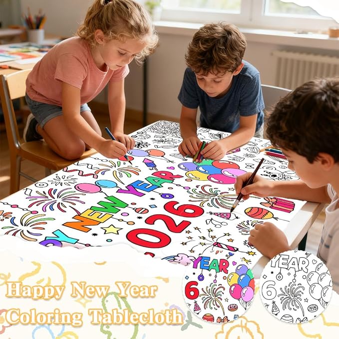 Happy New Year Coloring Tablecloth/Poster, New Years Decorations 2026, 72"x30" Giant Paper Coloring Banner Tablecloth for Kids Crafts Activities Party Decorations, Fun DIY New Years Eve Party Supplies