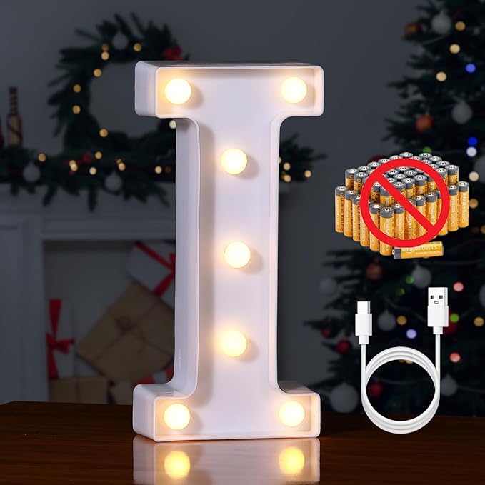 Foaky Rechargeable LED Letter Lights Sign Marquee Light Up Letters Sign for Night Light Wedding/Birthday Party Christmas Lamp Home Bar Decoration (I)