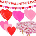 Valentine's Day Party Supplies Set for 48 Guests - Romantic Heart-Shaped Disposable Plates & Napkins with Love-Themed Plastic Tablecloth & Banner - Valentines Day Party Decorations