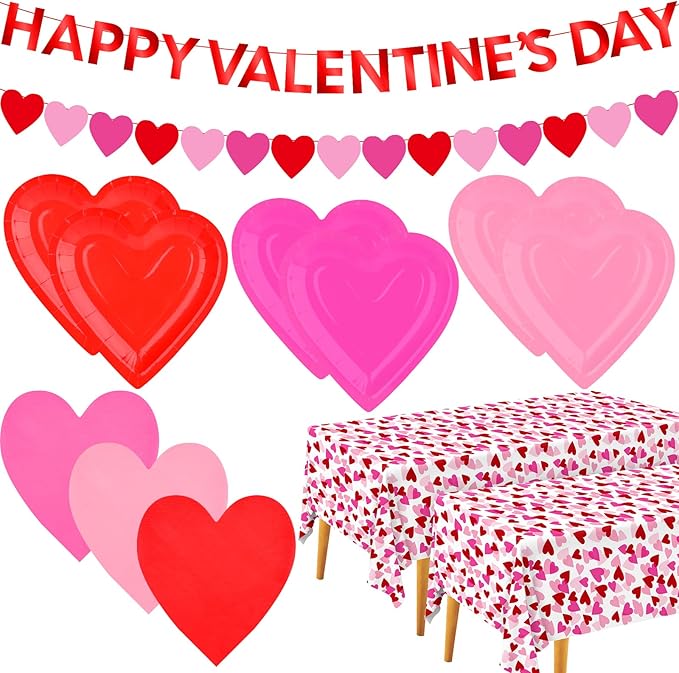 Valentine's Day Party Supplies Set for 48 Guests - Romantic Heart-Shaped Disposable Plates & Napkins with Love-Themed Plastic Tablecloth & Banner - Valentines Day Party Decorations
