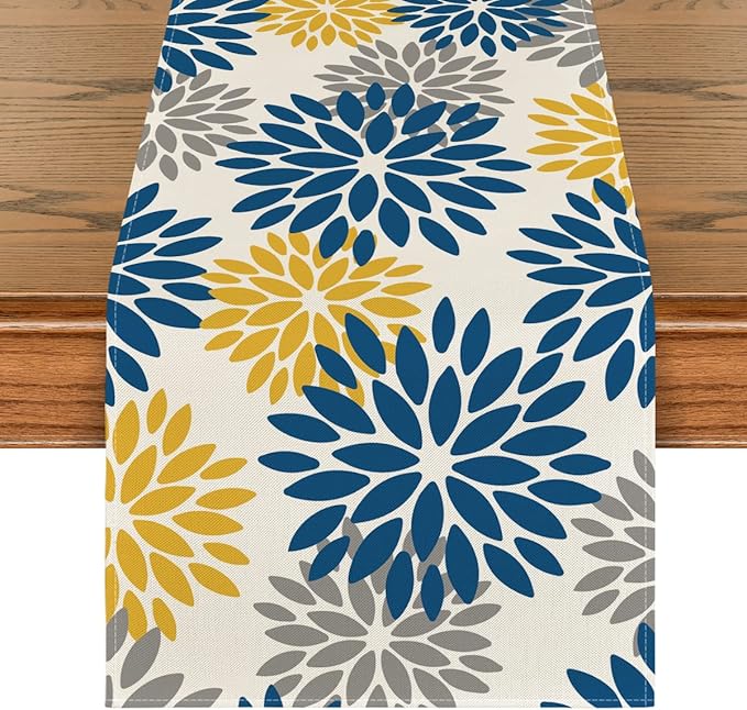 Artoid Mode Blue Dahlia Floral Pinnata Summer Table Runner, Spring Kitchen Dining Table Decoration for Home Party Decor 13x72 Inch