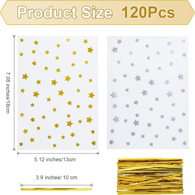 Aegero 120 Pack Star Printed 5"X 7" Gift Wrap Cello Cellophane Treat Bags,Gift Candy Goodies Bags with 140 Pcs Twists for Valentine,Birthday,Bakery,Wedding,Gift Cookie Snack Packing,Party Favor Supplies(Gold )