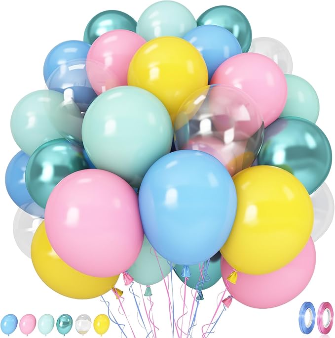 Colorful Cartoon Shark Balloons, 60PCS Pastel Pink Green Blue Yellow Clear Metallic Dark Green Latex Balloons for Ocean Baby Shower Under the Sea Birthday Theme Party Decorations Supplies