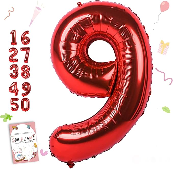 Smlpuame 40 inch Number Balloon 0-9 Red Large Number 9 Balloons,Digital Balloons for Birthday Party Celebration Decorations Supplies, Helium Foil Number Balloons for Wedding Anniversary