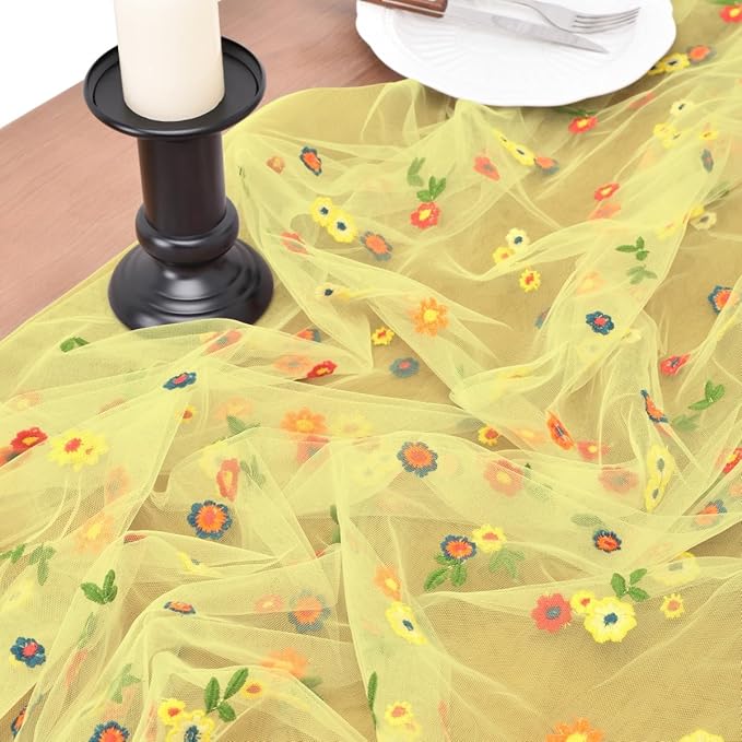 Joanlody Yellow Embroidery Daisy Spring Summer Table Runner Florals Seasonal Easter Tulle Table Runner Holiday Kitchen Dining Table Decoration Wedding Party
