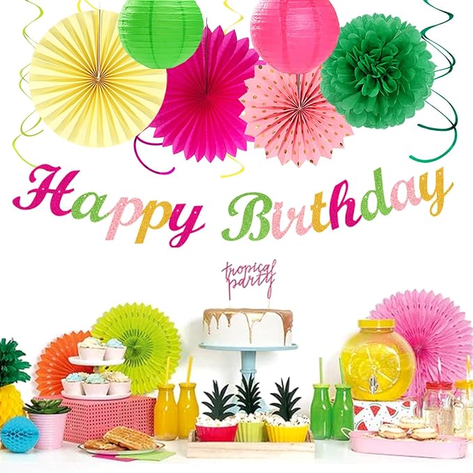 Hawaiian Luau Birthday Party-Decorations Supplies - 21pcs Happy Banner,Beach Paper Lanterns Honeycomb,Flamingo Pool Streamers Garland,Summer Tissue Pom Poms Flowers Fans,Tropical Tiki Decor Burgleda
