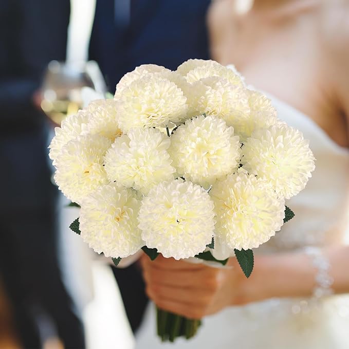 Hananona 24 Pcs Artificial Chrysanthemums Flowers Ball White Flower Bulk, Fake Mums Flowers Silk Plants for Home Decor Indoor Floral Arrangement Table Centerpiece (24, White)