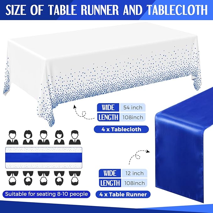 Breling 8 Pack Royal Blue Disposable Plastic Tablecloths and Satin Table Runner Set, 54 x 108 Inch Tablecloth, 12 x 108 Inch Table Runners for Wedding Graduation Birthday Baby Shower New Year