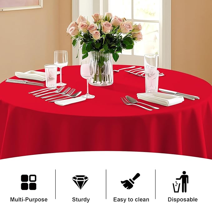 12 Pack Premium Red Plastic Table Cloth -120 Inch Round Tablecloth, Disposable Tablecloth Plastic Table Cover for Parties (12, Red, 120" Round)