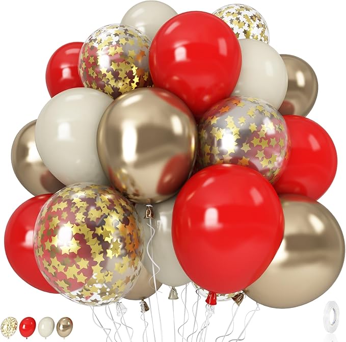 Red and White Balloons Set, 12 Inch Sand White Red and Gold Balloon, Metallic Gold Star Confetti Balloon for Birthday Christmas Wedding Engagement Valentine's Day Graduation New Year Party Decorations