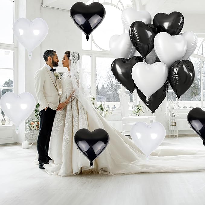Black White Heart Balloons, 18 Inch Large Matt Black and White Heart Shape Foil Helium Balloon for Birthday Wedding Graduation Engagement Baby Shower Valentines Bachelorette Party Decoration