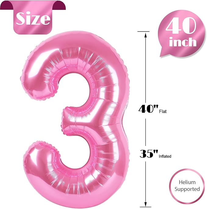Pink 3 Balloon, Number Balloons 40 Inch, 3rd Birthday Decorations for Kids Girls Women Party Supplies for Party Decorations, Number 3 Balloon
