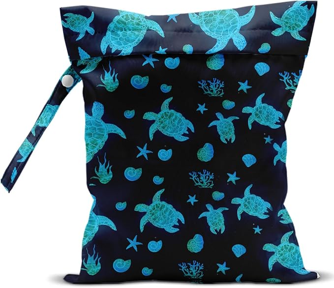 Waterproof Wet Bag for Swimsuit, Travel Beach Wet Dry Bag, Hidden Zipper Reusable Starfish Baby turtle Wet Bags, for Travel Beach Wet Swimsuits Toiletries Diapers Dirty Gym Clothes Laundry Bag