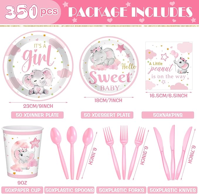 Dandat 350 Pcs Baby Shower Plates Set Baby Shower Party Supplies Serves 50 Tableware Sets Include Plates Napkin Cup Forks Knives Spoons Disposable Dinnerware(Elephant,Pink)
