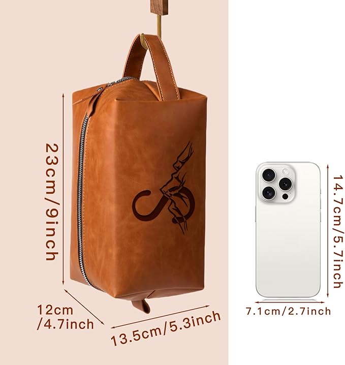 Personalized Gifts Travel Toiletry Bag for Men Engraved Initial PU Leather Waterproof Shaving Bag for Toiletries Accessories Fathers Day Birthday Gift for Men Dad Husband Son, Light Brown V