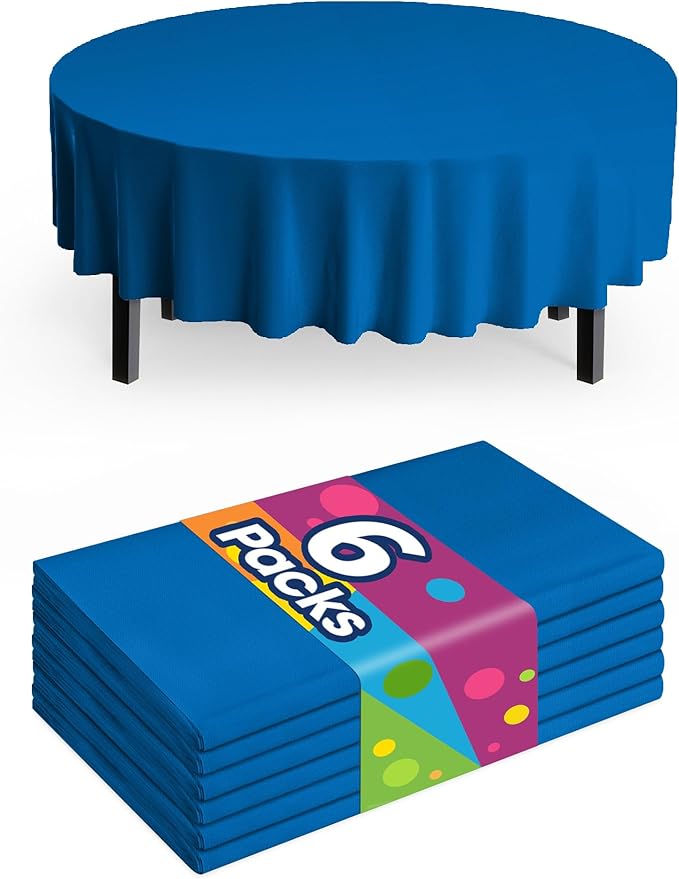 Pureegg Plastic Table Cloth Disposable 6 Pack, 84'' Round Table Cloths, Graduation, Patriotic Decorations, Thanksgiving, Veterans Day Tablecloths, Round, Plastic Cover, Waterproof, Blue