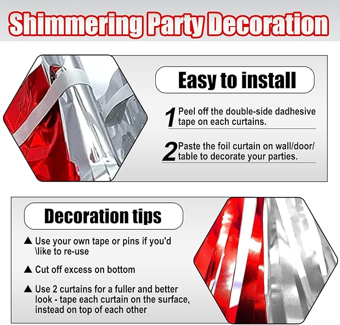 3 Pack Red Silver Foil Fringe Curtain Backdrop, 3.28Ft x 6.6Ft Metallic Tinsel Foil Fringe Streamer Curtains for Photo Booth, Christmas Day, Thanksgiving, Wedding, New Year Party Decorations
